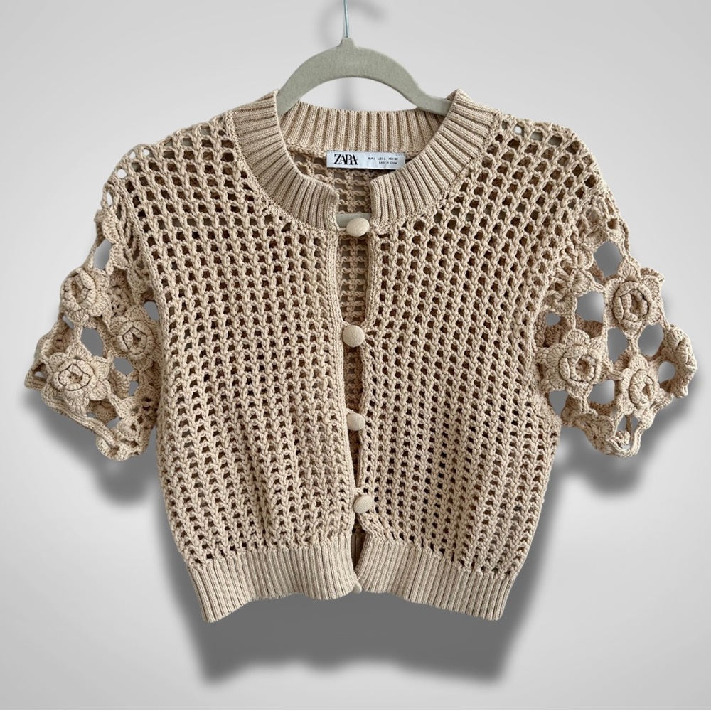 Zara Beige Crocheted Short-Sleeve Cardigan